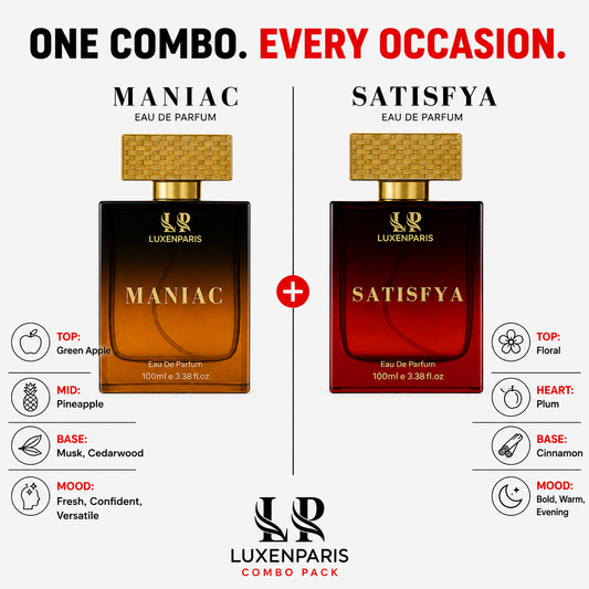 Maniac + Satisfya Perfume Combo (100 ml × 2) | Luxury Long-Lasting Eau de Parfum Set | Bold & Sophisticated Fragrance Duo | Premium Gift for Men & Women