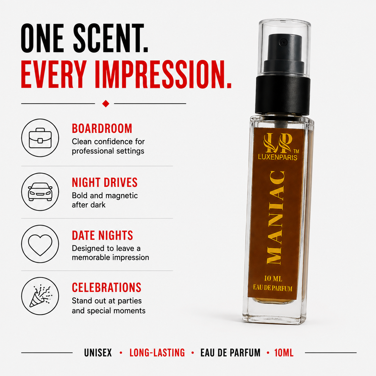 Maniac Eau de Parfum 10 ml | Citrus-Woody Luxury Perfume | LongLasting EDP | Unisex