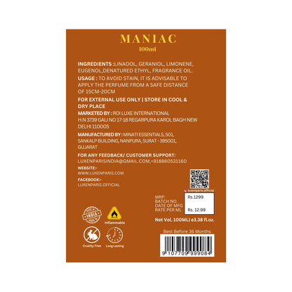 Maniac Eau de Parfum 100 ml | Citrus-Woody Luxury Perfume | LongLasting EDP | Unisex