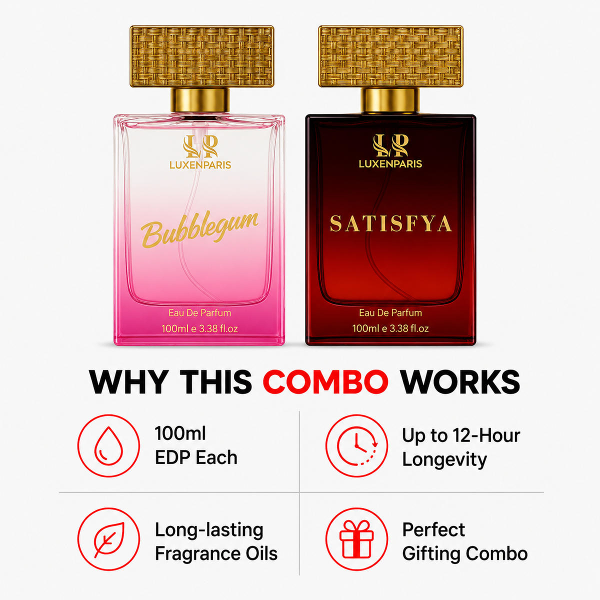 Bubblegum + Satisfya Perfume Combo (100 ml × 2) | Luxury Couple Special Perfume Gift Set | Long-Lasting Eau de Parfum for Women & Unisex | Premium Fragrance Duo