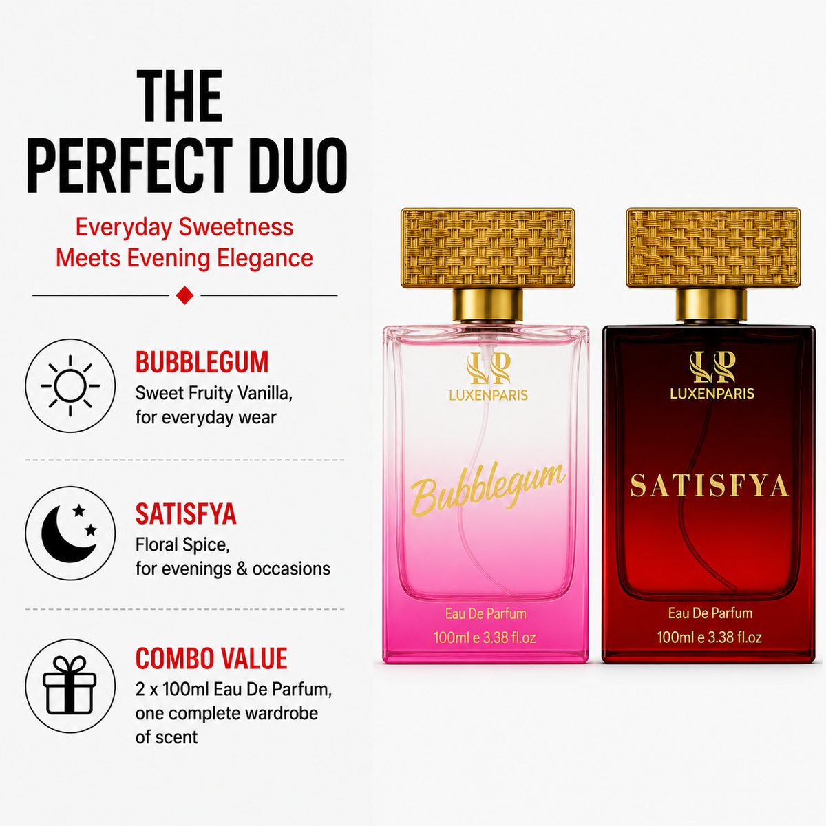 Bubblegum + Satisfya Perfume Combo (100 ml × 2) | Luxury Couple Special Perfume Gift Set | Long-Lasting Eau de Parfum for Women & Unisex | Premium Fragrance Duo