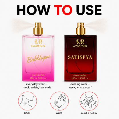 Bubblegum + Satisfya Perfume Combo (100 ml × 2) | Luxury Couple Special Perfume Gift Set | Long-Lasting Eau de Parfum for Women & Unisex | Premium Fragrance Duo