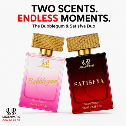 Bubblegum + Satisfya Perfume Combo (100 ml × 2) | Luxury Couple Special Perfume Gift Set | Long-Lasting Eau de Parfum for Women & Unisex | Premium Fragrance Duo