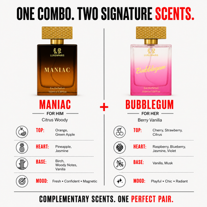 Maniac + Bubblegum Eau de Parfum Combo (100 ml × 2) | Him & Her Perfume Gift Set | Citrus-Woody for Men & Berry-Vanilla for Women | Long-Lasting EDP