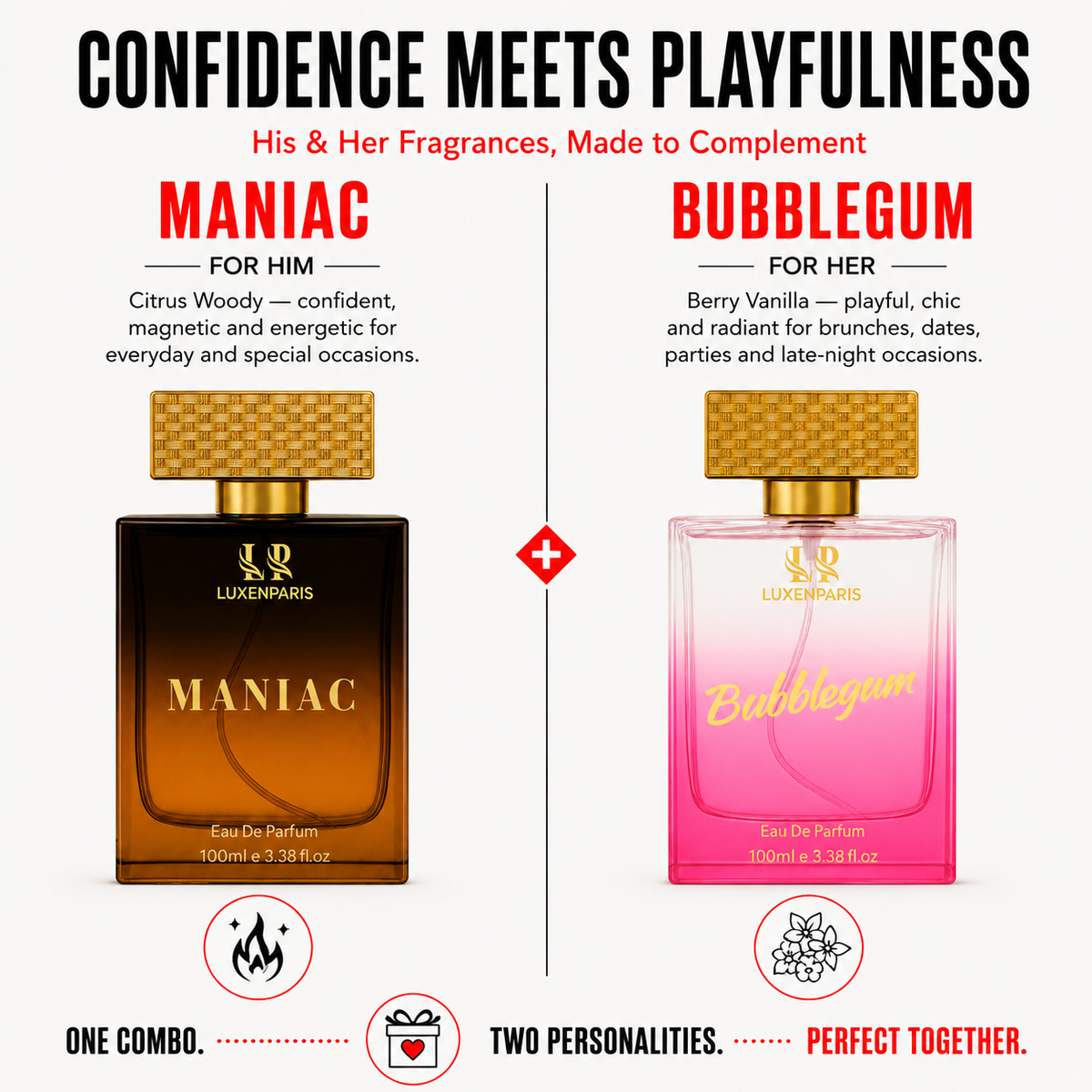 Maniac + Bubblegum Eau de Parfum Combo (100 ml × 2) | Him & Her Perfume Gift Set | Citrus-Woody for Men & Berry-Vanilla for Women | Long-Lasting EDP