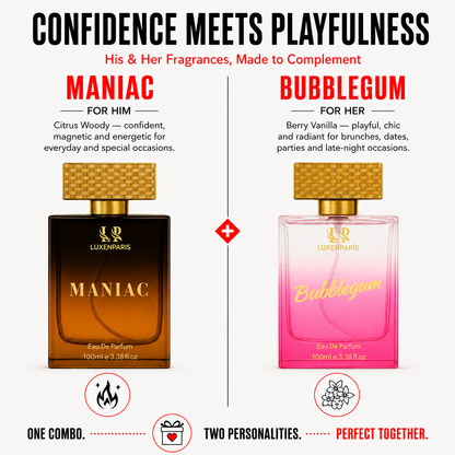 Maniac + Bubblegum Eau de Parfum Combo (100 ml × 2) | Him & Her Perfume Gift Set | Citrus-Woody for Men & Berry-Vanilla for Women | Long-Lasting EDP