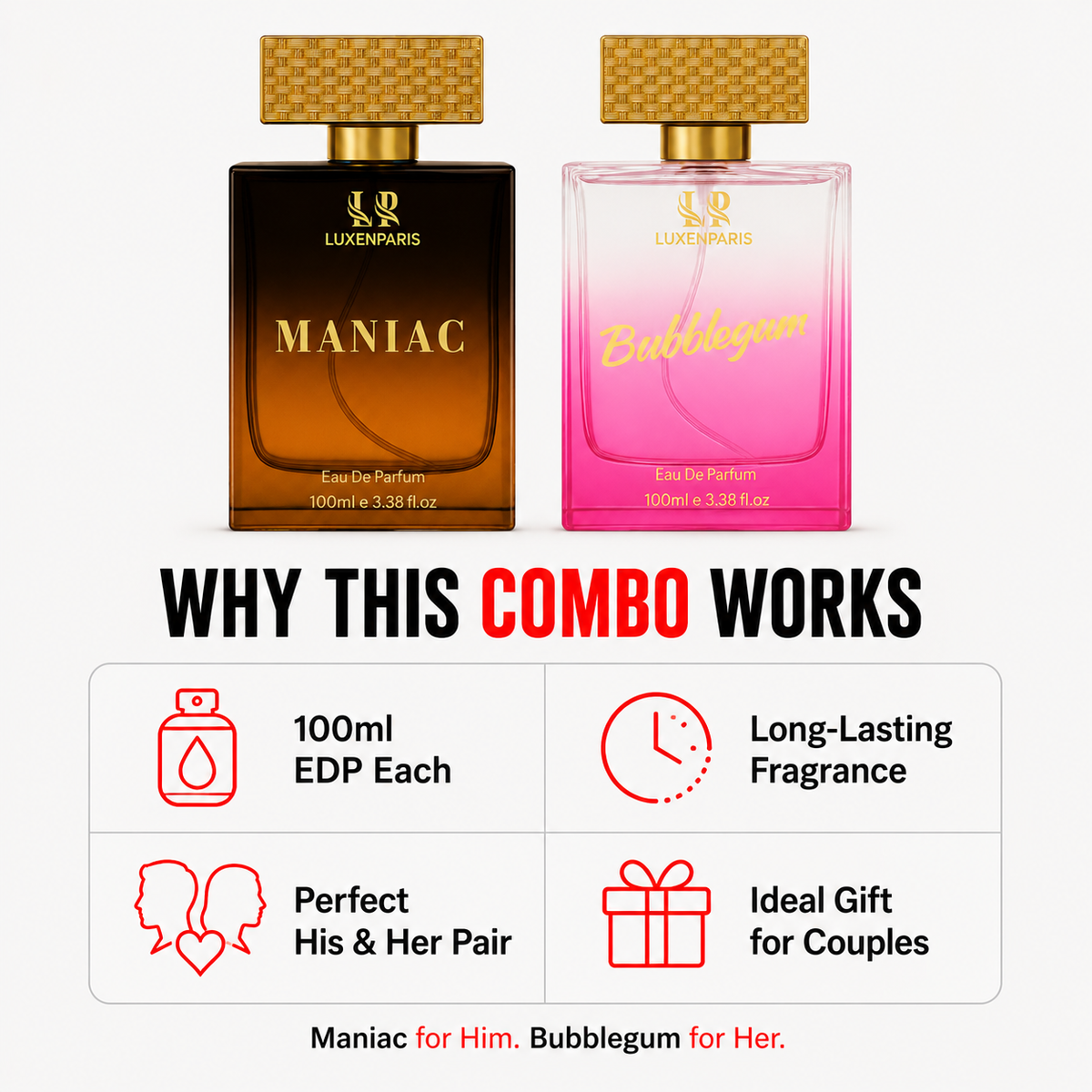 Maniac + Bubblegum Eau de Parfum Combo (100 ml × 2) | Him & Her Perfume Gift Set | Citrus-Woody for Men & Berry-Vanilla for Women | Long-Lasting EDP