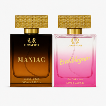 Maniac + Bubblegum Eau de Parfum Combo (100 ml × 2) | Him & Her Perfume Gift Set | Citrus-Woody for Men & Berry-Vanilla for Women | Long-Lasting EDP