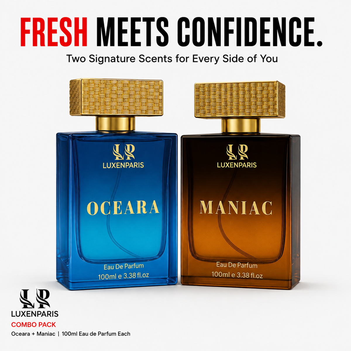 Oceara + Maniac Eau de Parfum Combo (100 ml × 2) | Oceanic-Fresh & Citrus-Woody Luxury Perfume Set | Long-Lasting EDP | Unisex Gift Pack
