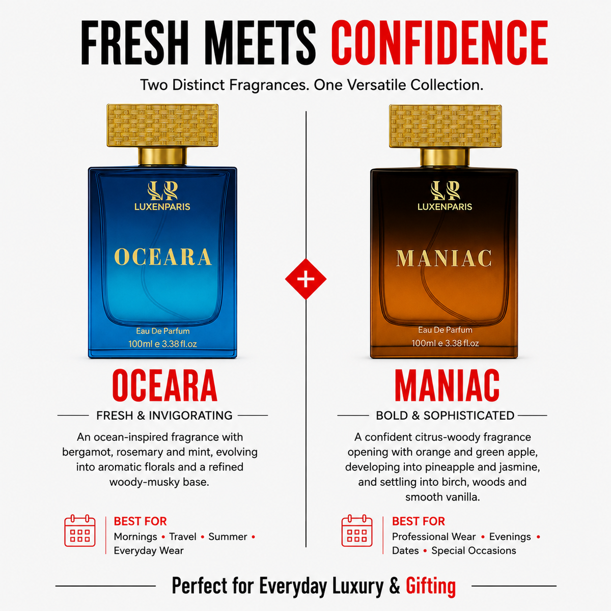 Oceara + Maniac Eau de Parfum Combo (100 ml × 2) | Oceanic-Fresh & Citrus-Woody Luxury Perfume Set | Long-Lasting EDP | Unisex Gift Pack