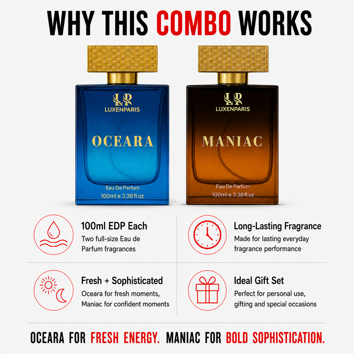Oceara + Maniac Eau de Parfum Combo (100 ml × 2) | Oceanic-Fresh & Citrus-Woody Luxury Perfume Set | Long-Lasting EDP | Unisex Gift Pack