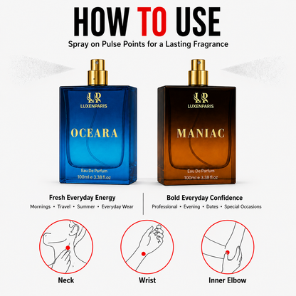 Oceara + Maniac Eau de Parfum Combo (100 ml × 2) | Oceanic-Fresh & Citrus-Woody Luxury Perfume Set | Long-Lasting EDP | Unisex Gift Pack