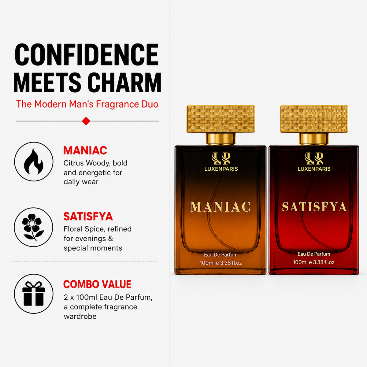 Maniac + Satisfya Perfume Combo (100 ml × 2) | Luxury Long-Lasting Eau de Parfum Set | Bold & Sophisticated Fragrance Duo | Premium Gift for Men & Women