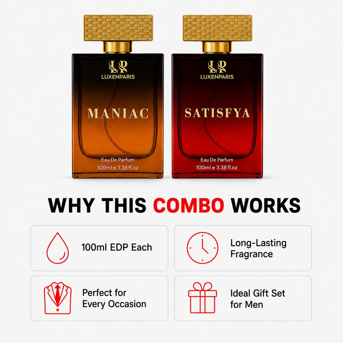 Maniac + Satisfya Perfume Combo (100 ml × 2) | Luxury Long-Lasting Eau de Parfum Set | Bold & Sophisticated Fragrance Duo | Premium Gift for Men & Women