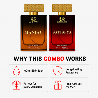 Maniac + Satisfya Perfume Combo (100 ml × 2) | Luxury Long-Lasting Eau de Parfum Set | Bold & Sophisticated Fragrance Duo | Premium Gift for Men & Women