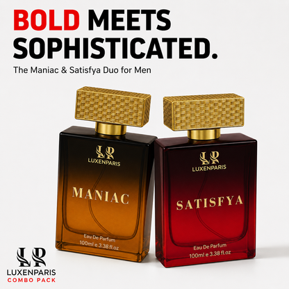 Maniac + Satisfya Perfume Combo (100 ml × 2) | Luxury Long-Lasting Eau de Parfum Set | Bold & Sophisticated Fragrance Duo | Premium Gift for Men & Women