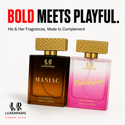 Maniac + Bubblegum Eau de Parfum Combo (100 ml × 2) | Him & Her Perfume Gift Set | Citrus-Woody for Men & Berry-Vanilla for Women | Long-Lasting EDP