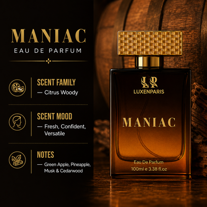 Maniac Eau de Parfum 100 ml | Citrus-Woody Luxury Perfume | LongLasting EDP | Unisex