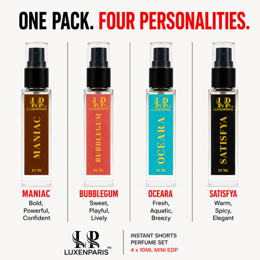 Instant Shots Perfume Set by LUXENPARIS | 10 ml × 4 Mini EDP | Maniac, Bubblegum, Oceara & Satisfya | Luxury Long-Lasting Unisex Eau de Parfum Travel Pack