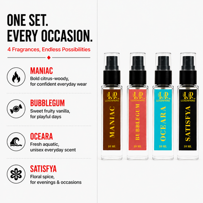 Instant Shots Perfume Set by LUXENPARIS | 10 ml × 4 Mini EDP | Maniac, Bubblegum, Oceara & Satisfya | Luxury Long-Lasting Unisex Eau de Parfum Travel Pack