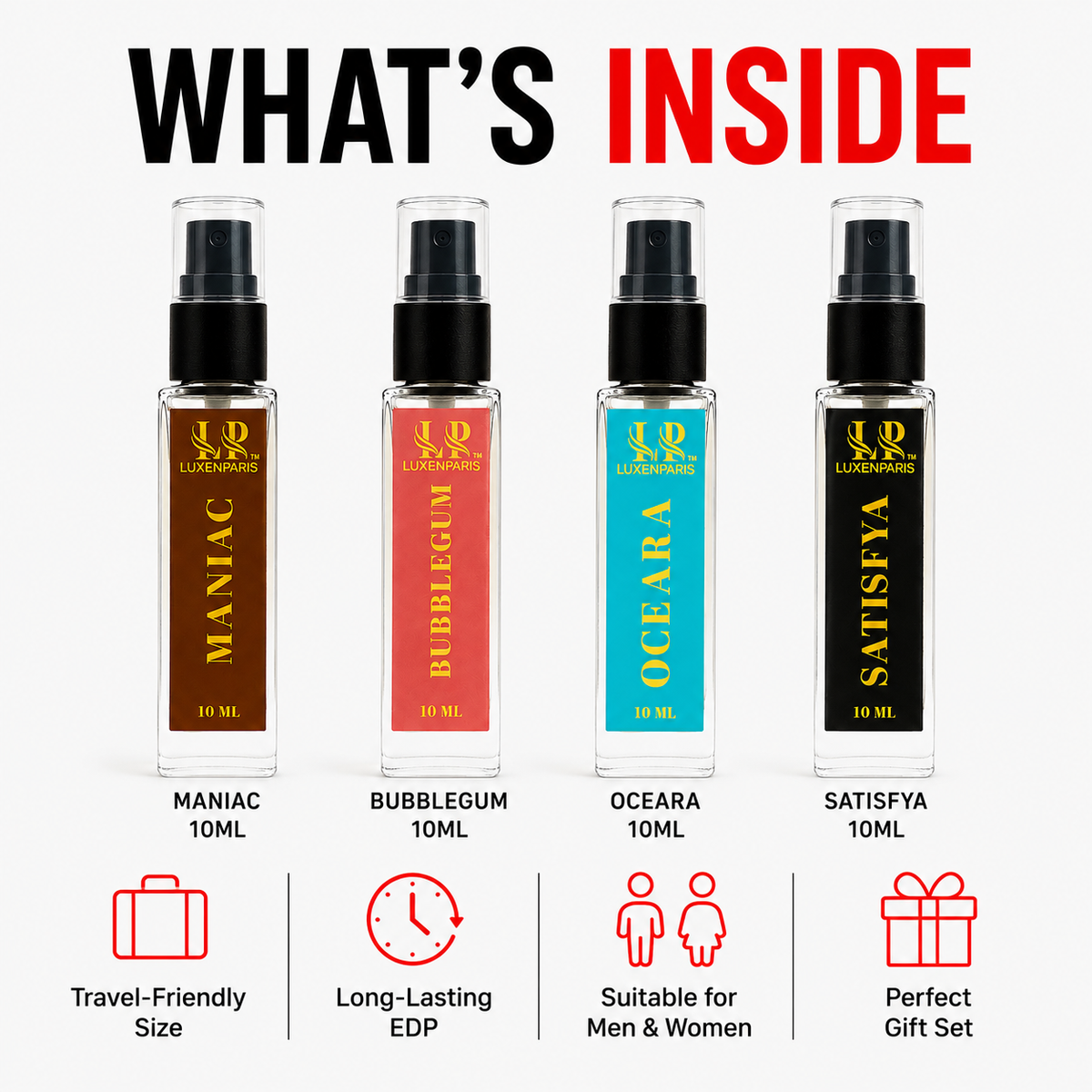 Instant Shots Perfume Set by LUXENPARIS | 10 ml × 4 Mini EDP | Maniac, Bubblegum, Oceara & Satisfya | Luxury Long-Lasting Unisex Eau de Parfum Travel Pack