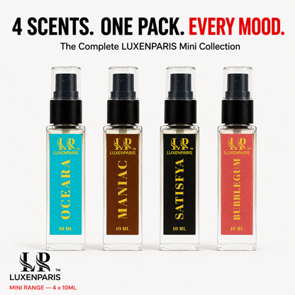 Instant Shots Perfume Set by LUXENPARIS | 10 ml × 4 Mini EDP | Maniac, Bubblegum, Oceara & Satisfya | Luxury Long-Lasting Unisex Eau de Parfum Travel Pack
