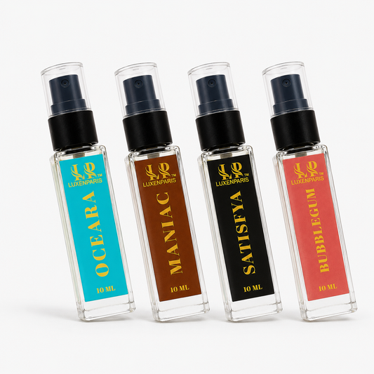 Instant Shots Perfume Set by LUXENPARIS | 10 ml × 4 Mini EDP | Maniac, Bubblegum, Oceara & Satisfya | Luxury Long-Lasting Unisex Eau de Parfum Travel Pack