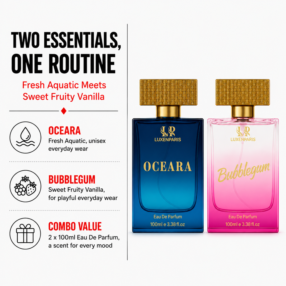 Oceara + Bubblegum Perfume Combo (100 ml × 2) | Luxury Couple Special Fragrance Set | Long-Lasting Eau de Parfum for Men & Women | Premium Gift Pack