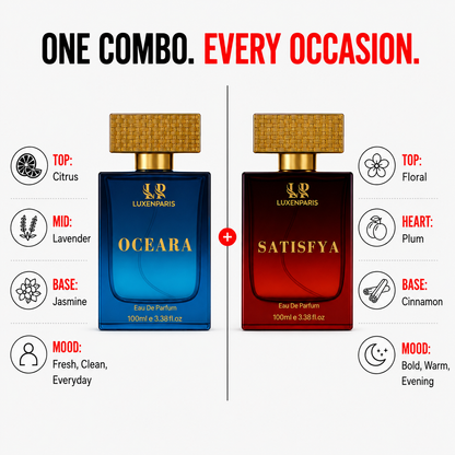 Oceara + Satisfya Perfume Combo (100 ml × 2) | Luxury Unisex Eau de Parfum Duo | Fresh & Sophisticated Long-Lasting Fragrances | Premium Gift Set for Couples
