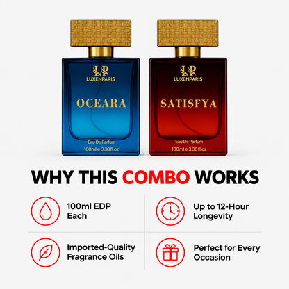 Oceara + Satisfya Perfume Combo (100 ml × 2) | Luxury Unisex Eau de Parfum Duo | Fresh & Sophisticated Long-Lasting Fragrances | Premium Gift Set for Couples
