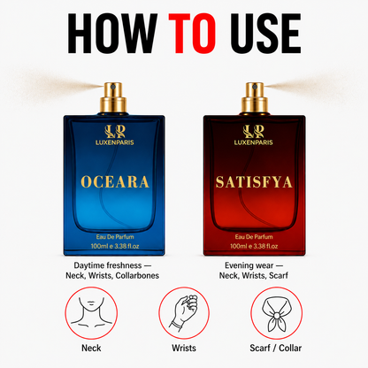 Oceara + Satisfya Perfume Combo (100 ml × 2) | Luxury Unisex Eau de Parfum Duo | Fresh & Sophisticated Long-Lasting Fragrances | Premium Gift Set for Couples