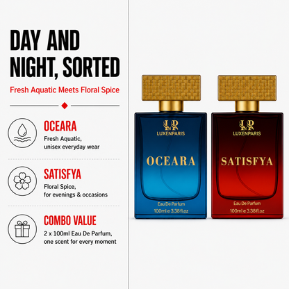 Oceara + Satisfya Perfume Combo (100 ml × 2) | Luxury Unisex Eau de Parfum Duo | Fresh & Sophisticated Long-Lasting Fragrances | Premium Gift Set for Couples