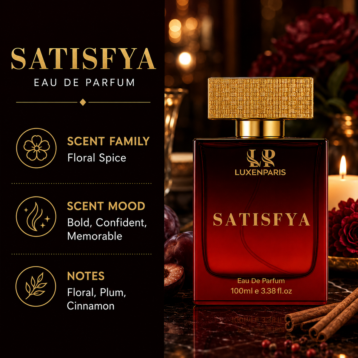 Satisfya Eau de Parfum 100 ml | Amber-Spice & Driftwood Luxury Perfume | Long-Lasting EDP | Unisex